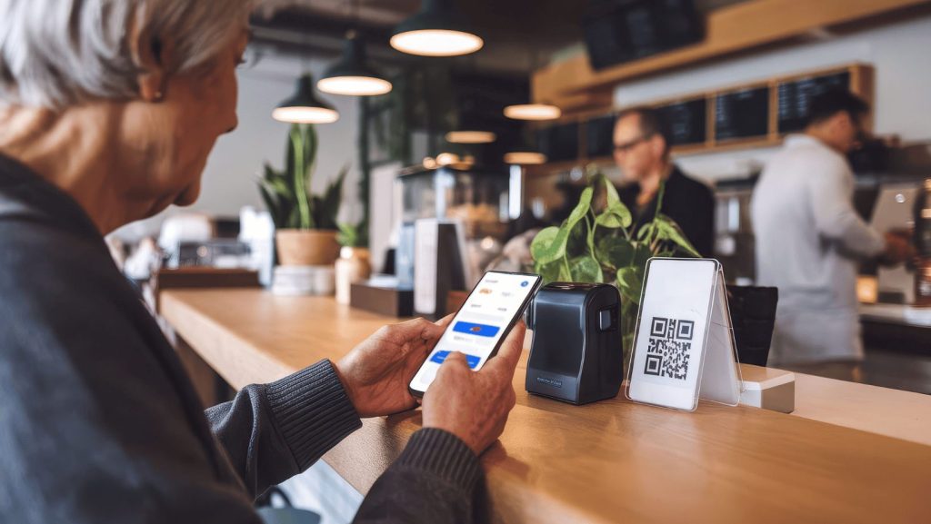 woman using a POS system to pay at a coffee shop