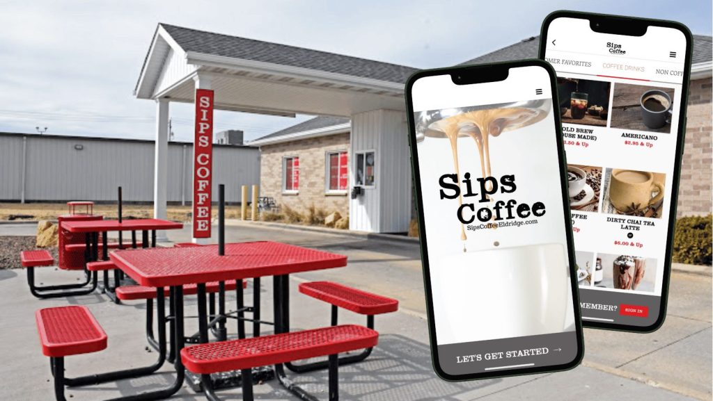 Sips Coffee's coffee shop and two phone screens showing how their custom-branded app from Craver matches their vibe. 
