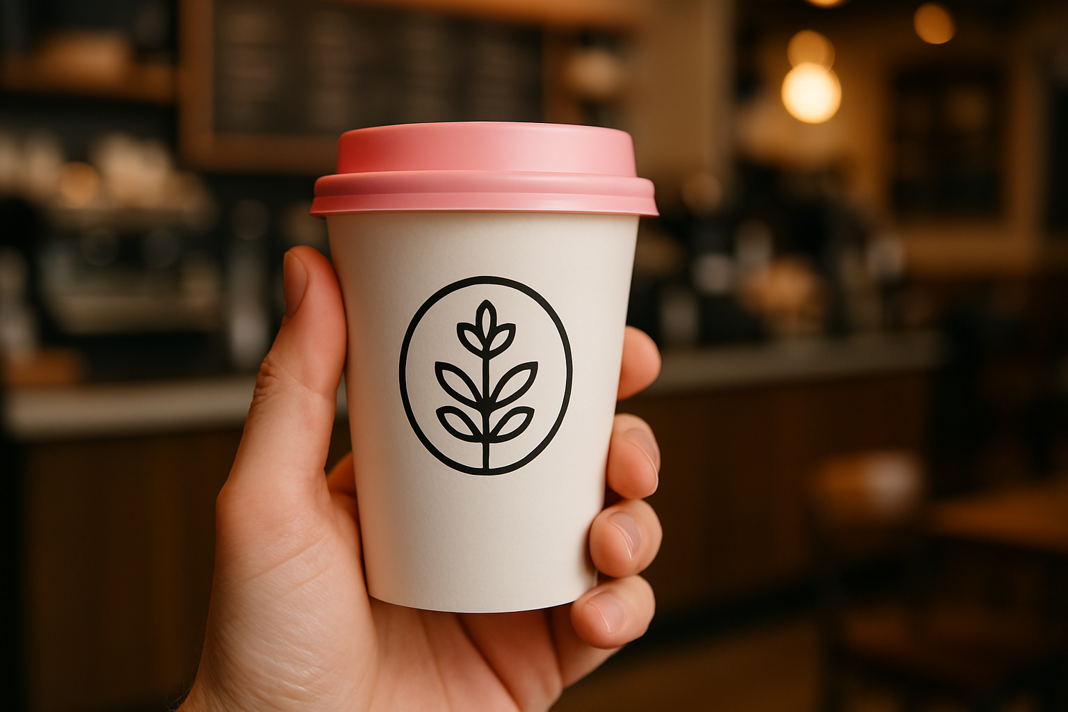 hand holding a takeaway coffee cup with unique branding