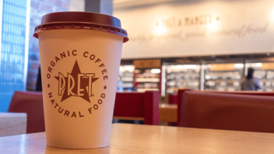 Pret a Manger coffee on a table.